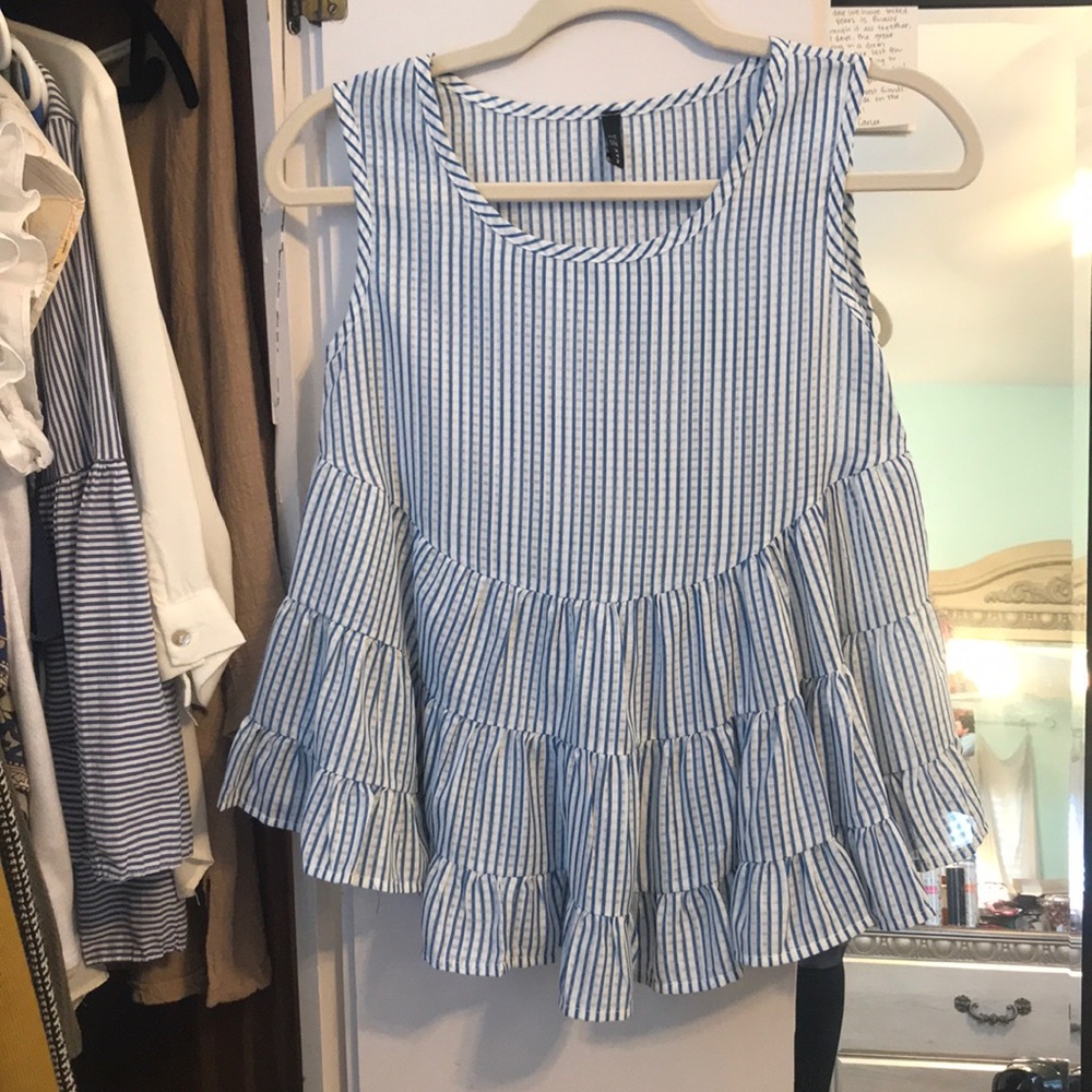 White and blue striped top